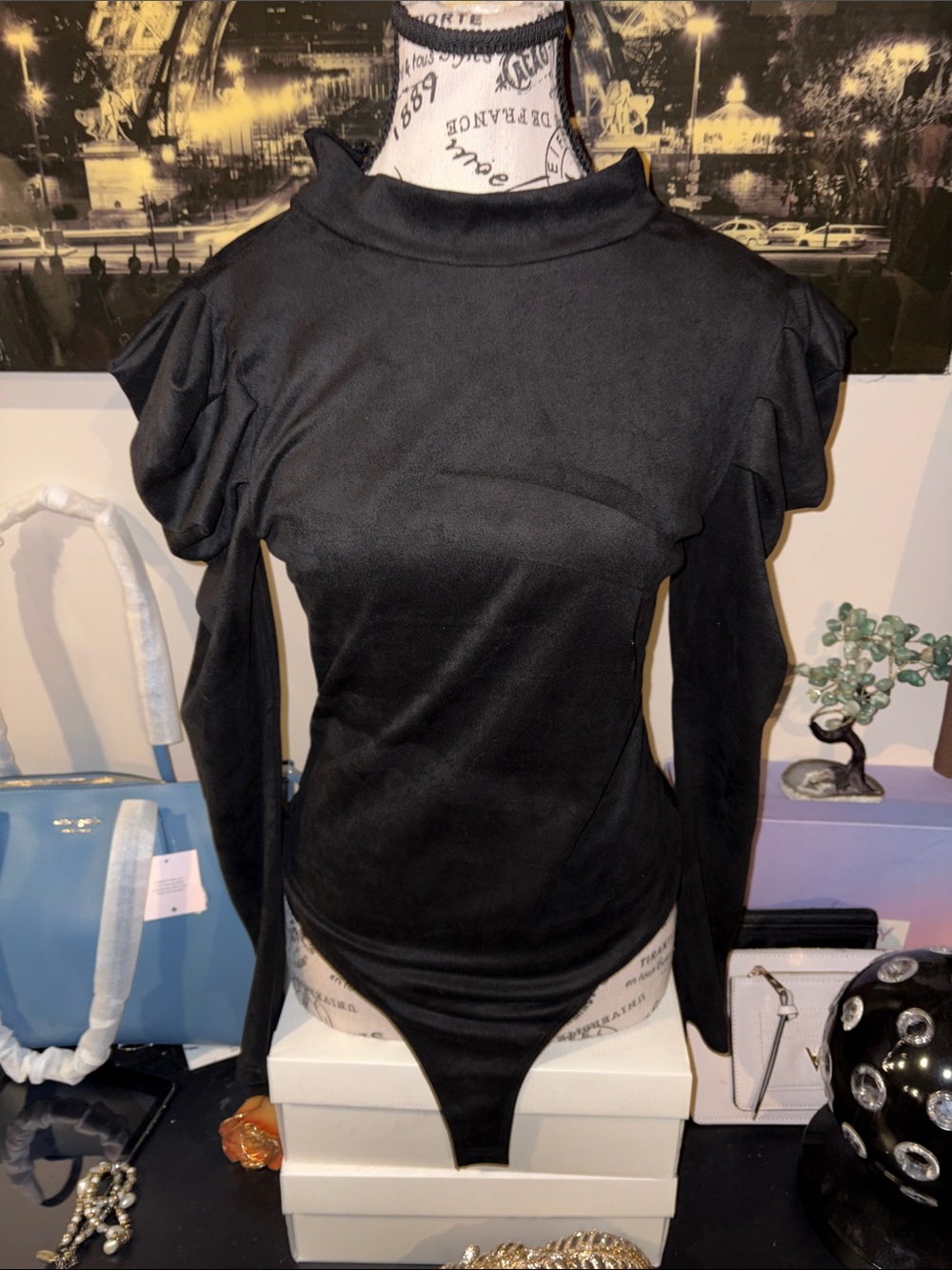 TCEC Black Long-Sleeve Ruffle Shoulder Bodysuit